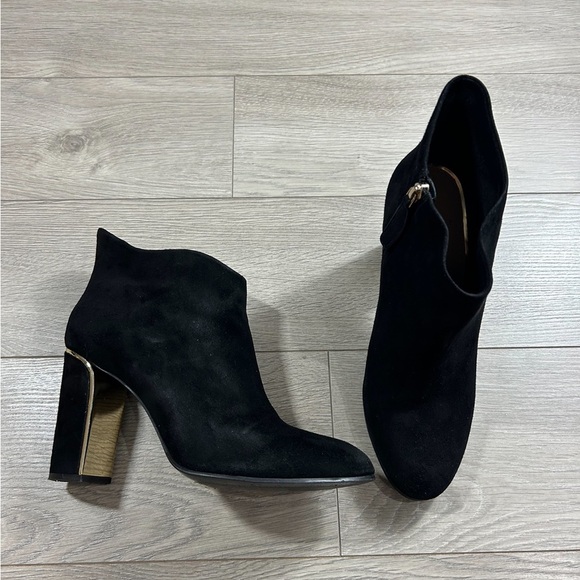 VC John Camuto Black True Suede Booties with Gold Trim - Picture 1 of 10